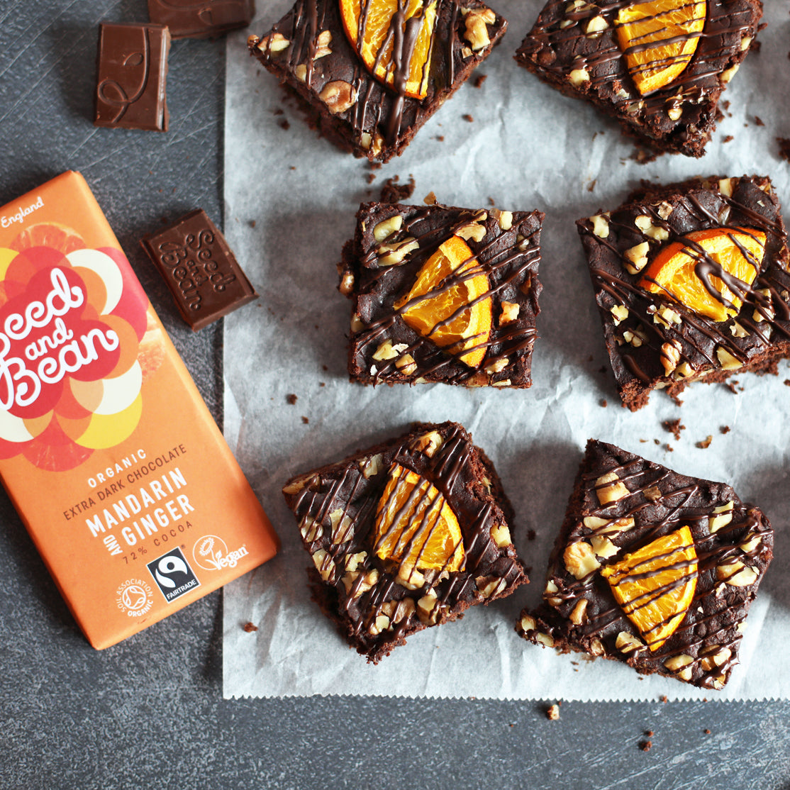 Vegan mandarin and ginger brownies with walnuts