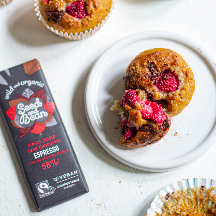 Vegan chocolate banana muffins with raspberries