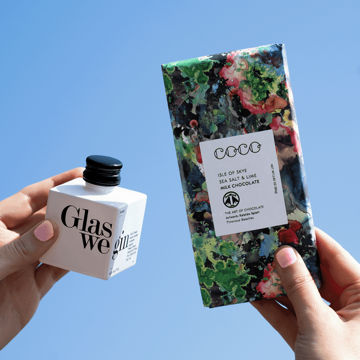 Glass of Glaswegin gin with COCO chocolate bars