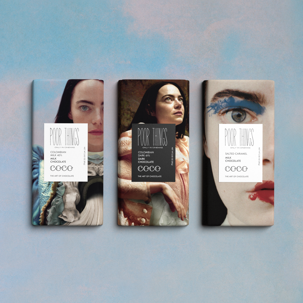 COCO chocolate bars with Poor Things film artwork