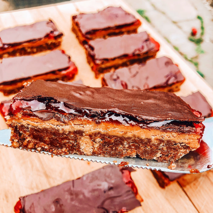 Chocolate peanut butter and jam biscuit bars