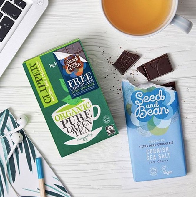 Clipper green tea box with a Seed & Bean chocolate bar