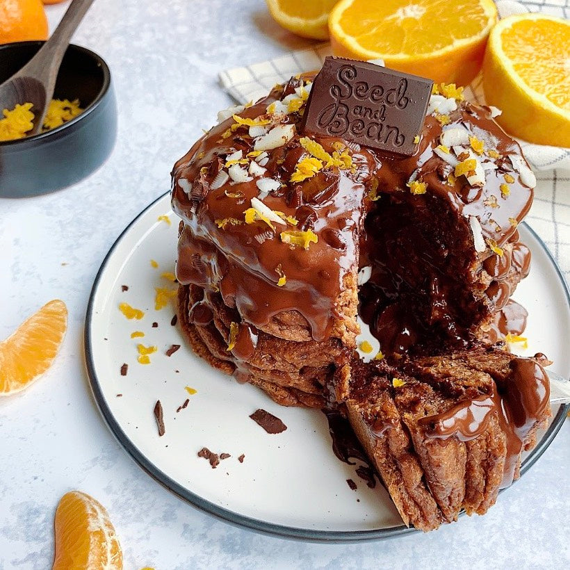 Stack of chocolate pancakes with a molten centre