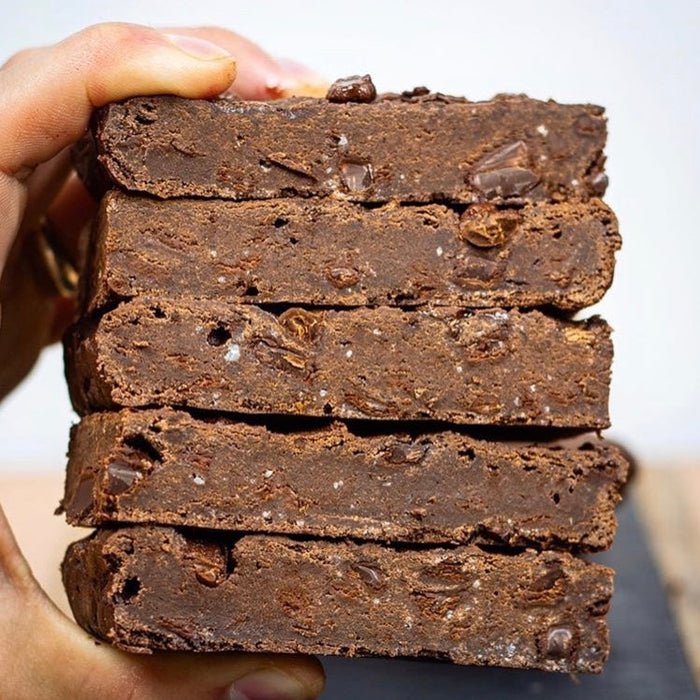 Espresso protein fudge brownies topped with coffee beans