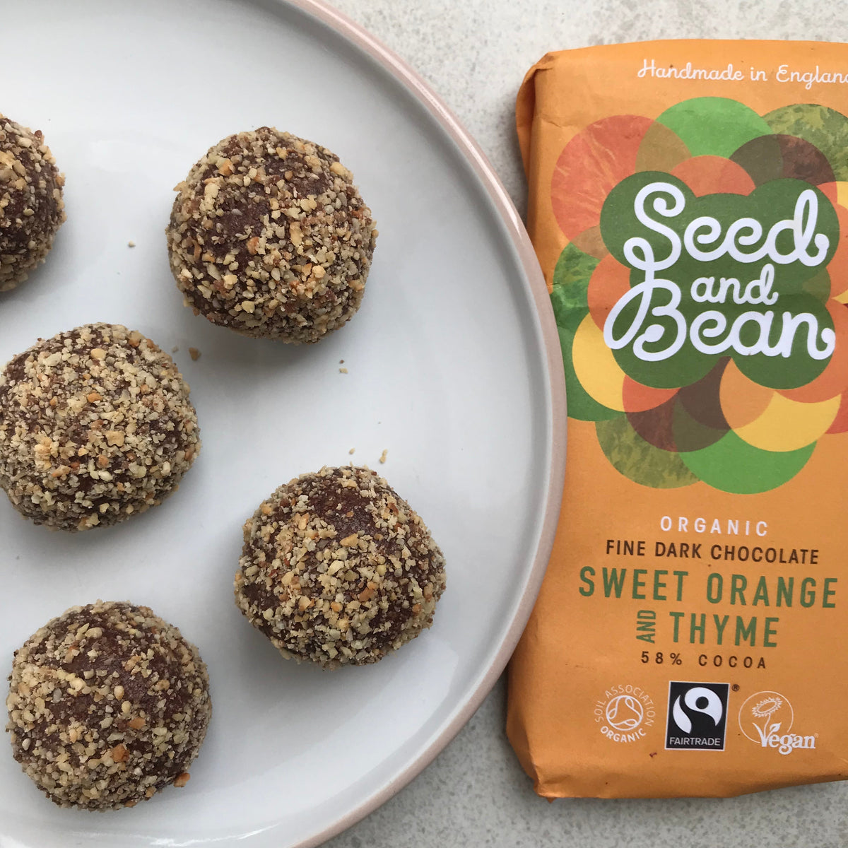 Chocolate orange hazelnut truffles on a plate