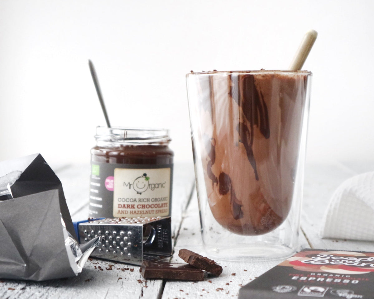 Glass of iced chocolate drink topped with chocolate