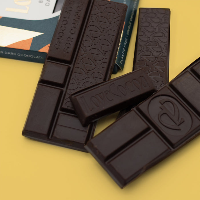 Dark, milk and white chocolate bars stacked together