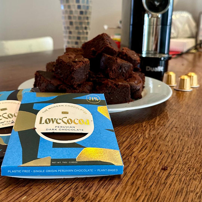 Fudgy coffee chocolate brownies cut into squares