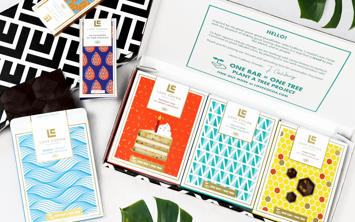 Selection of Love Cocoa chocolate bars in colourful wrappers