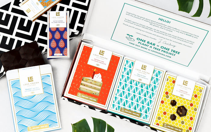 Selection of Love Cocoa chocolate bars in colourful wrappers