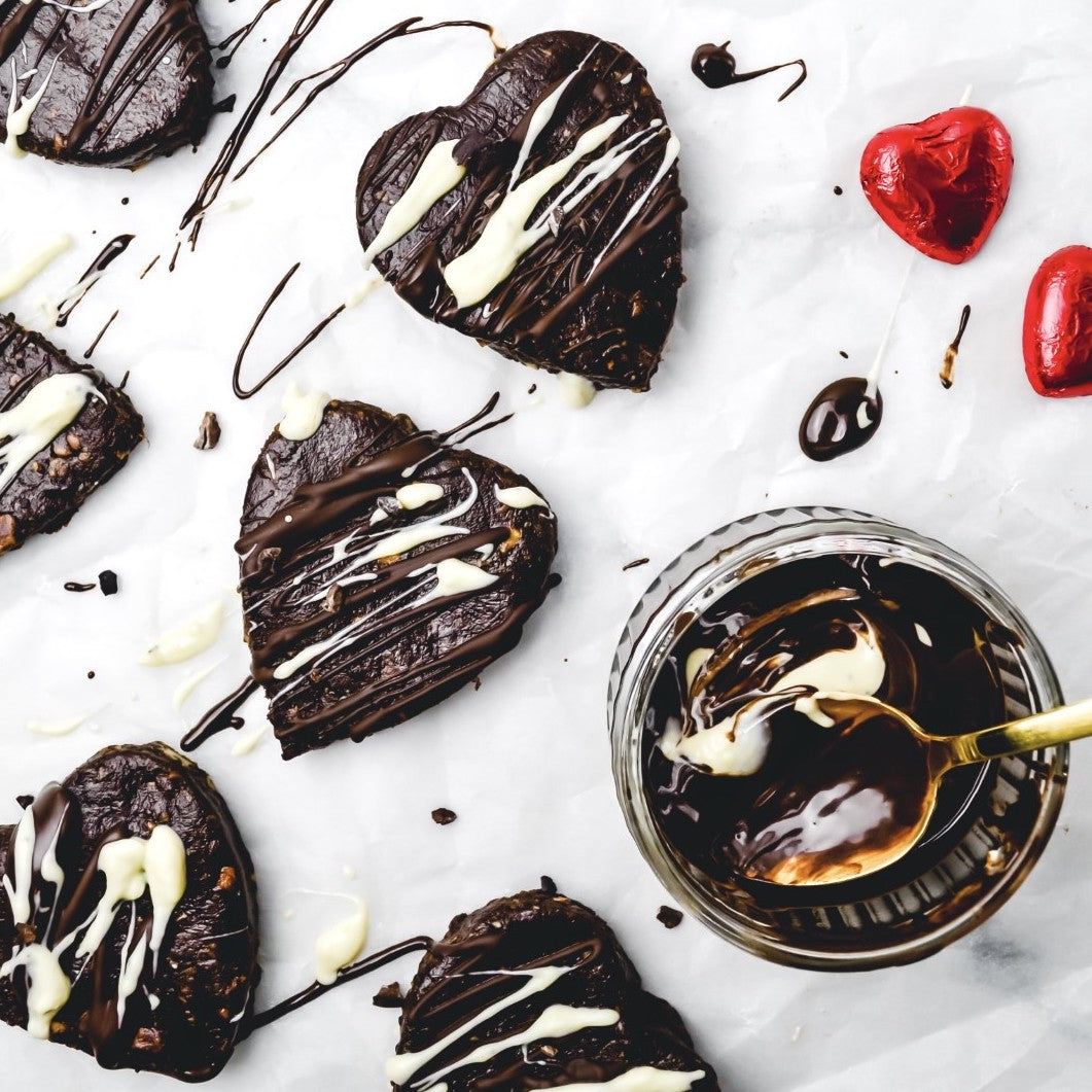 Raw no-bake brownies cut into squares