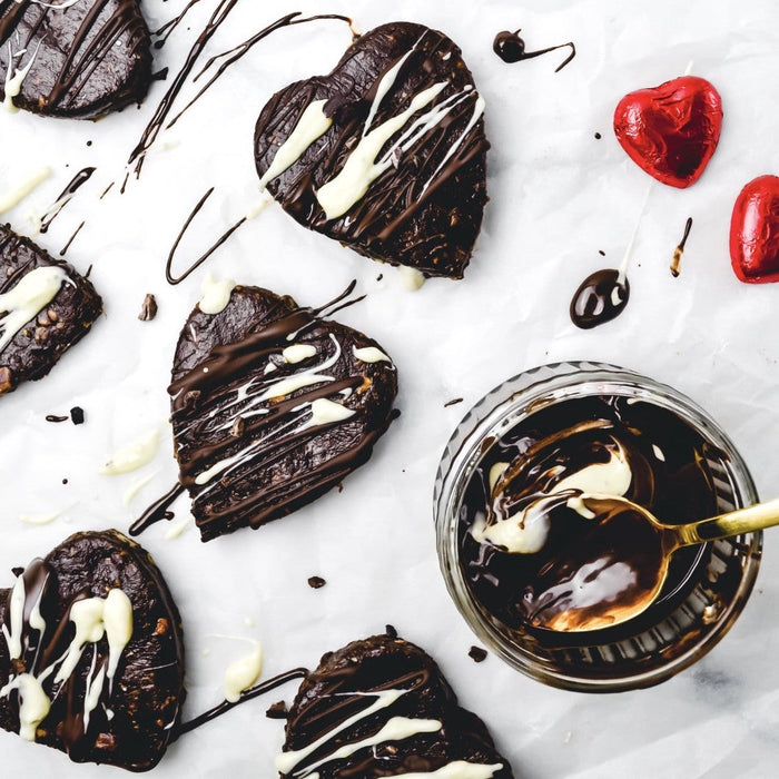 Raw no-bake brownies cut into squares