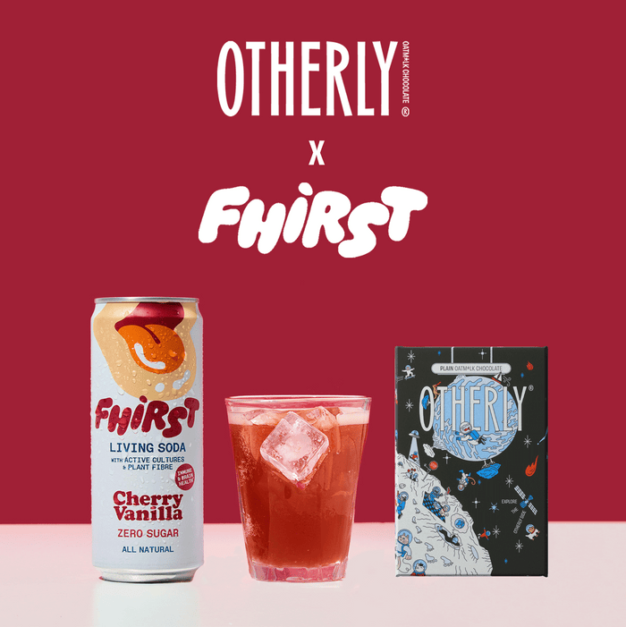 OTHERLY oat milk chocolate bars with FHIRST Living Soda cans