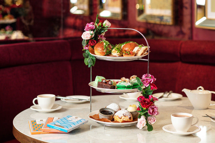 Chocolate afternoon tea stand at Strand Palace