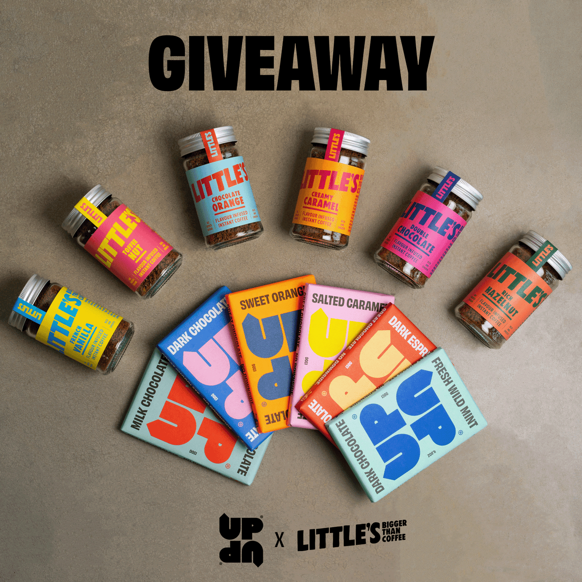 UP-UP chocolate bars with jars of Little's instant coffee