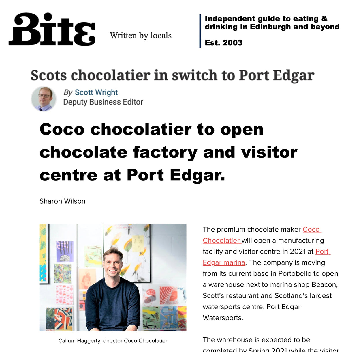 Bite Magazine article on COCO's move to Port Edgar