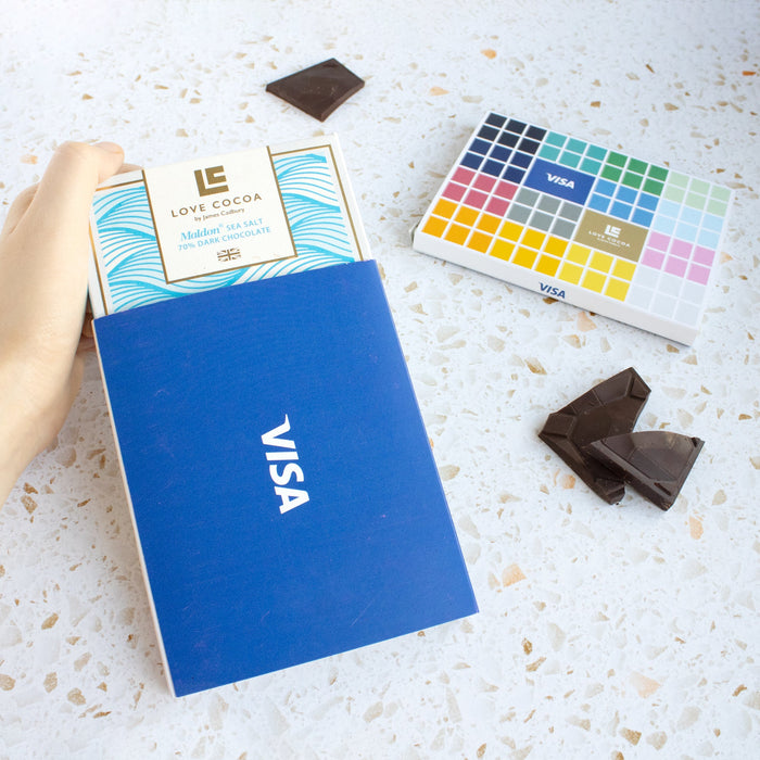 Bespoke Visa branded chocolate bars with custom sleeves