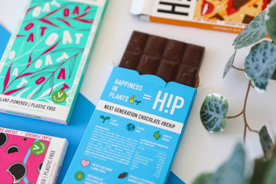 H!P chocolate bars in plastic-free cardboard packaging