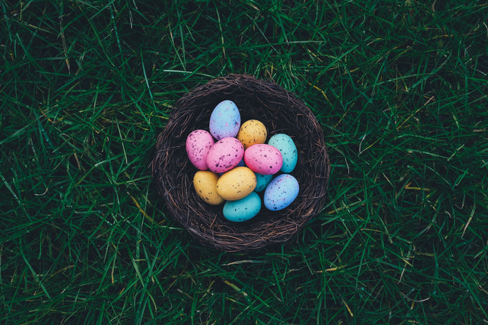 Chocolate Easter eggs in a spring basket