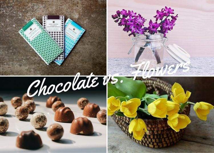 Box of chocolates beside a colourful bouquet of flowers