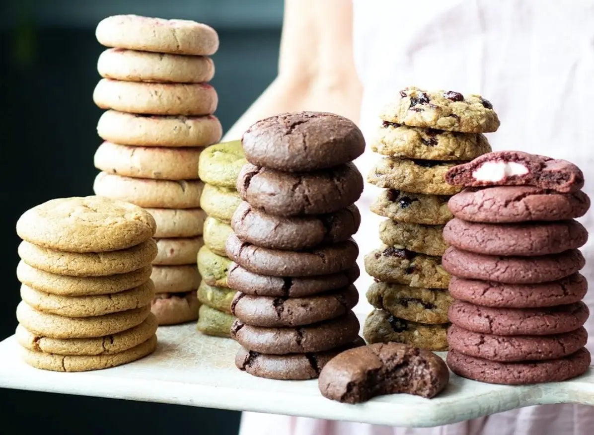 Freshly baked Doughlicious cookies on a baking tray
