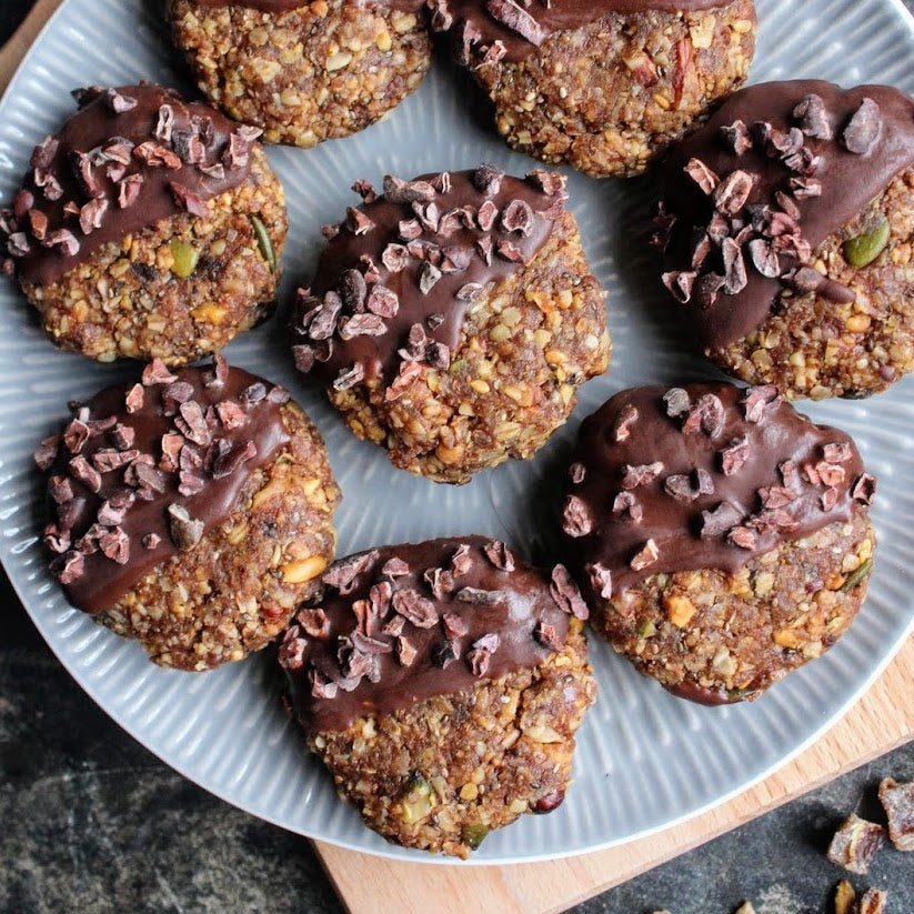 No-bake fruit and nut cookies coated in chocolate