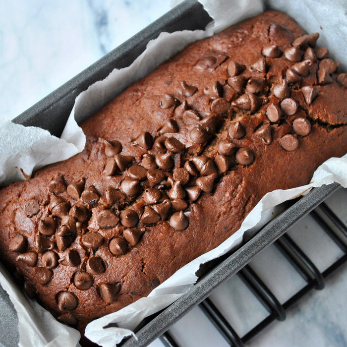 Sliced chocolate espresso banana bread loaf