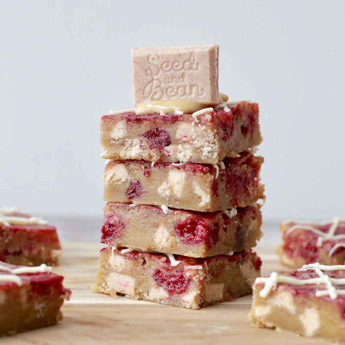 White chocolate and raspberry blondies cut into squares