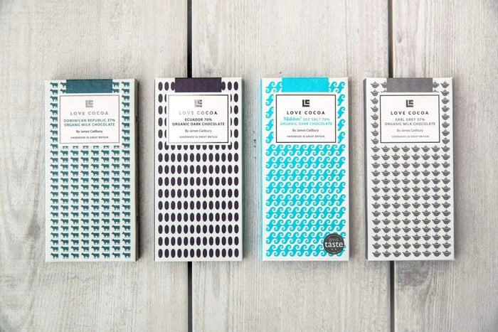 Love Cocoa luxury chocolate bars in patterned wrappers