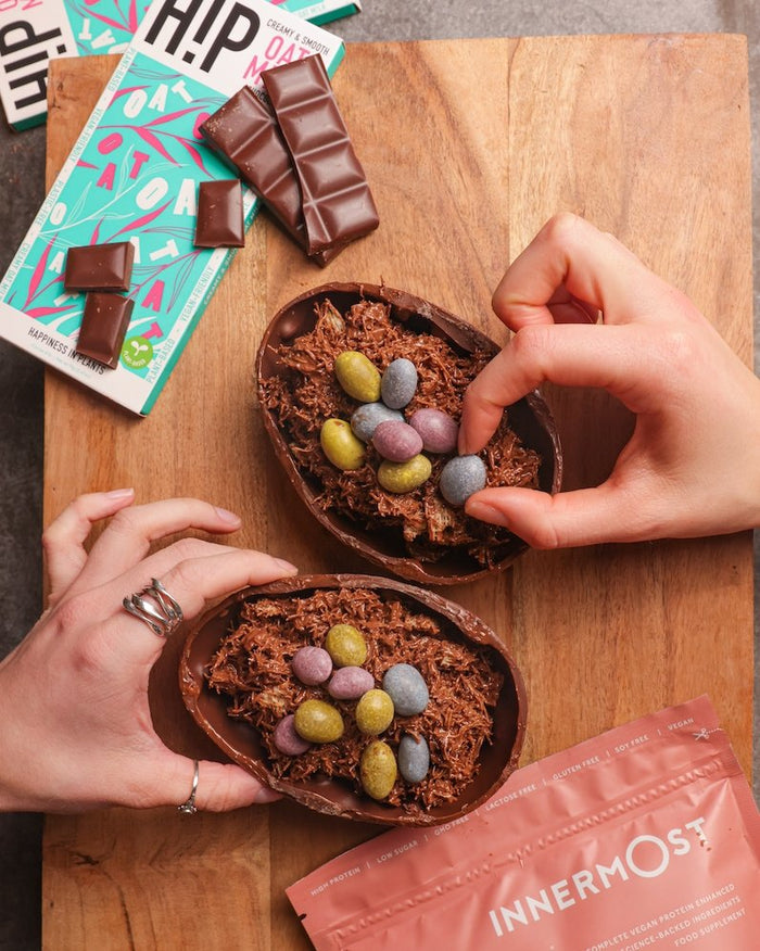 Plant-based chocolate Easter nests with chocolate eggs