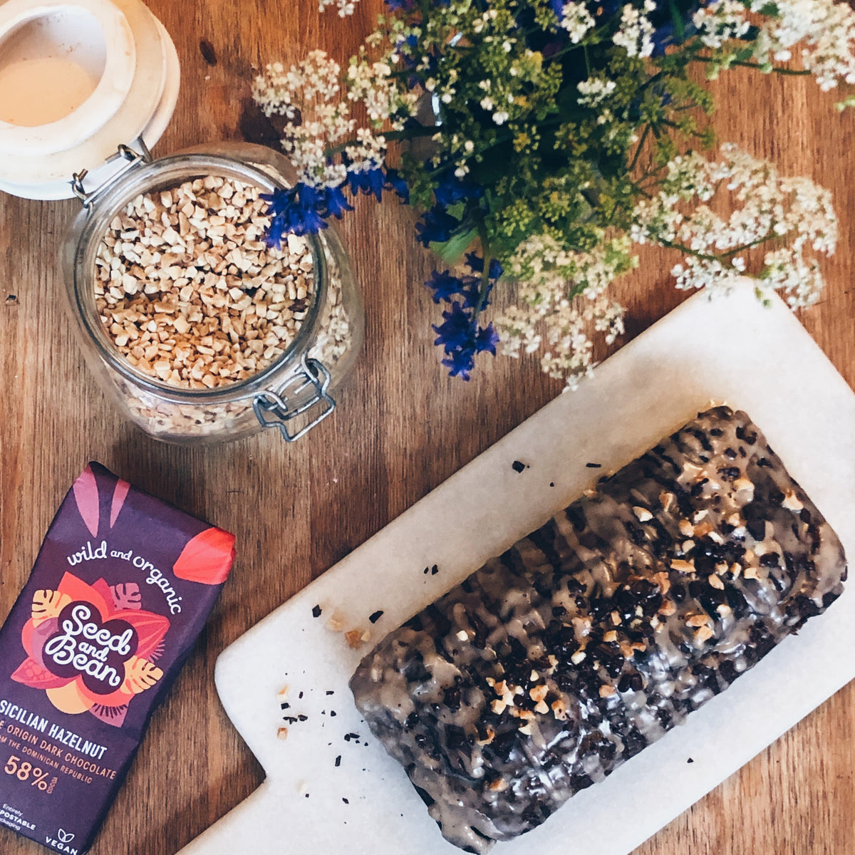 Loaf of chocolate banana bread with slices cut