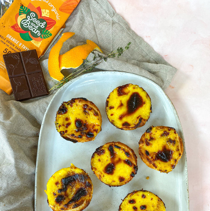 Homemade orange and thyme pastel de nata custard tarts