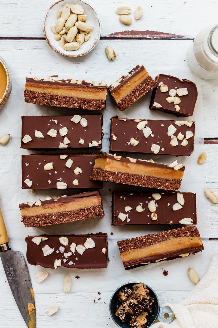 Plant-based chocolate peanut butter caramel oat bars