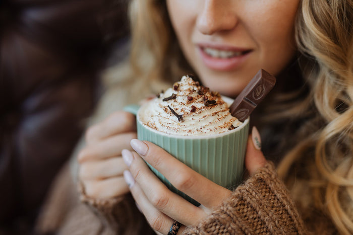 Smooth hot chocolate in a mug on a cold day