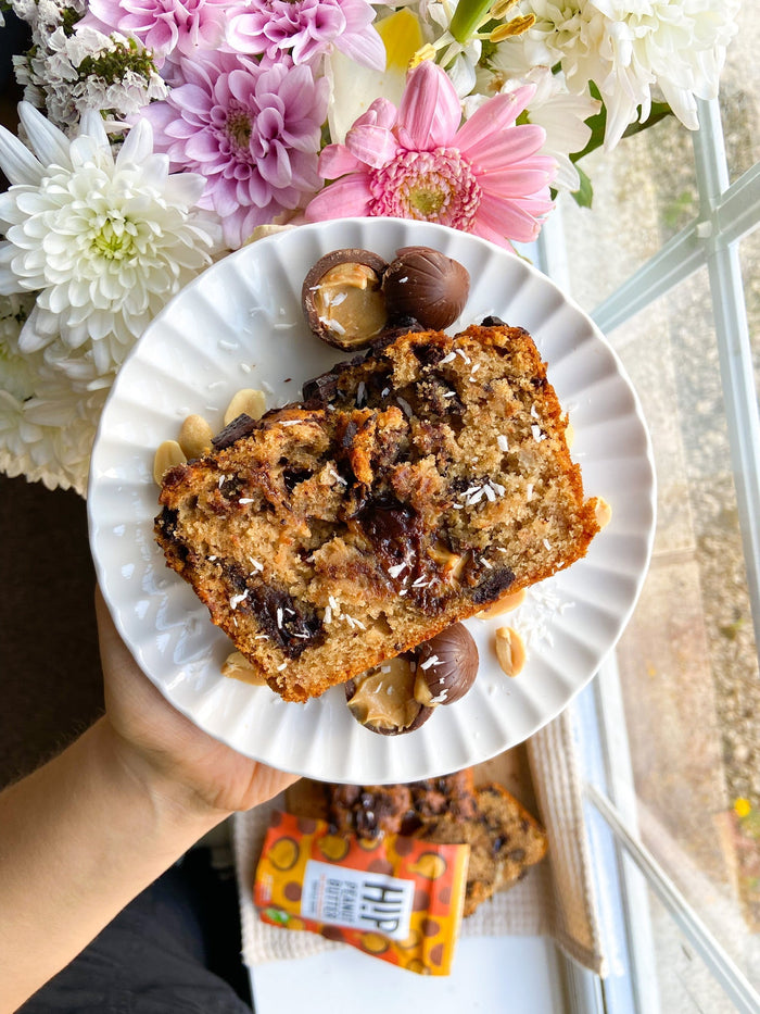 Sliced peanut butter chocolate banana bread loaf