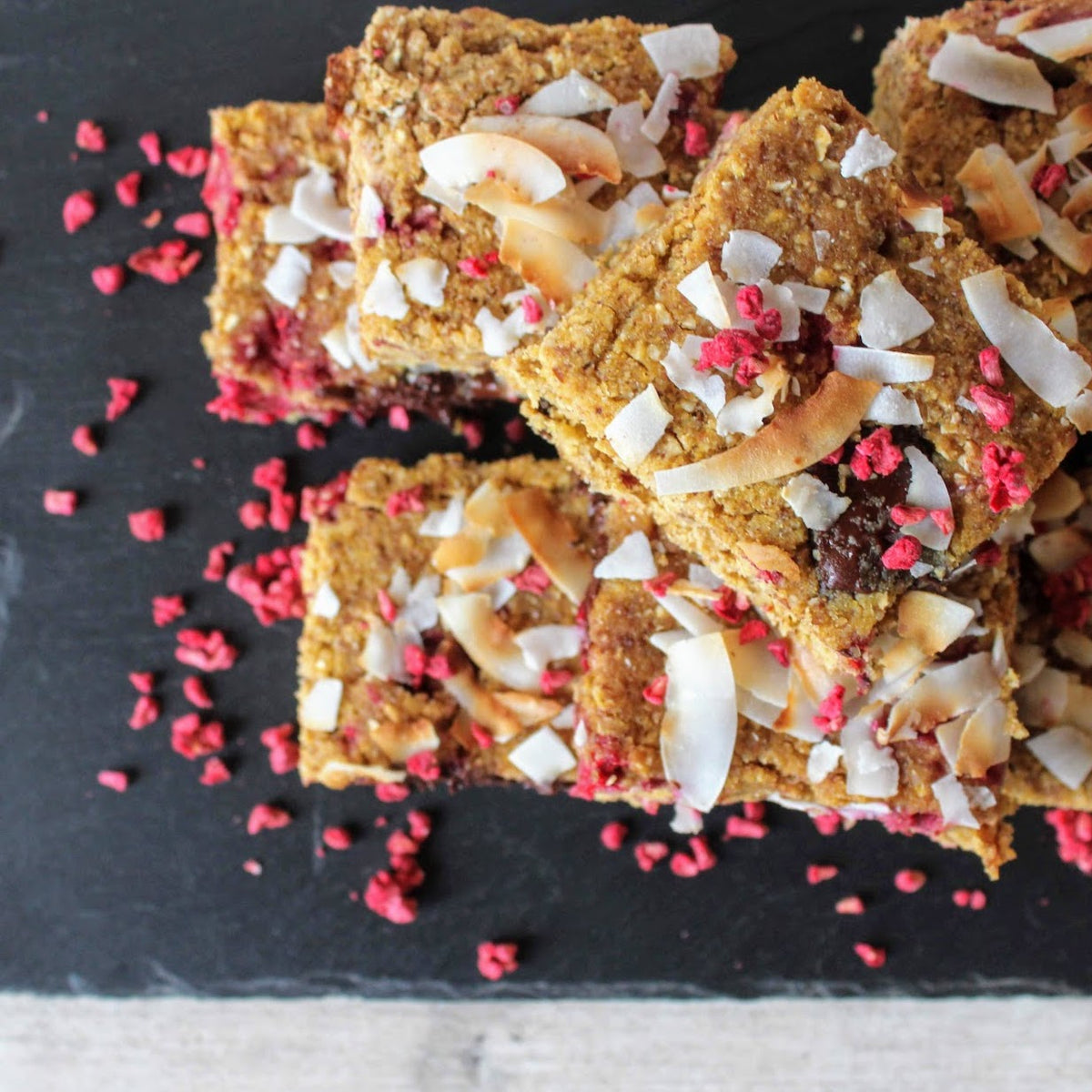 Raspberry and coconut blondies with chocolate chunks