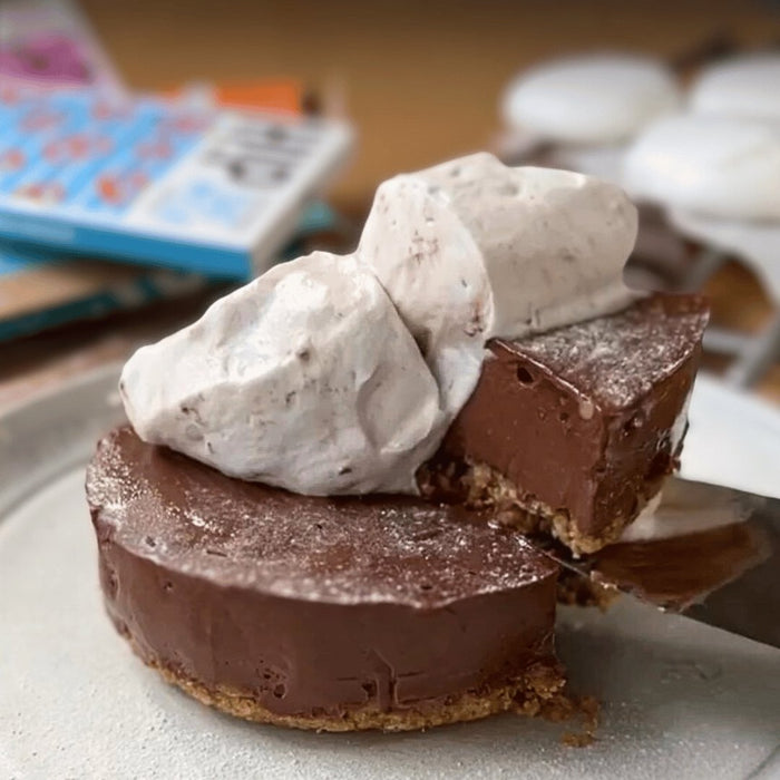 Slice of no-bake vegan chocolate cheesecake