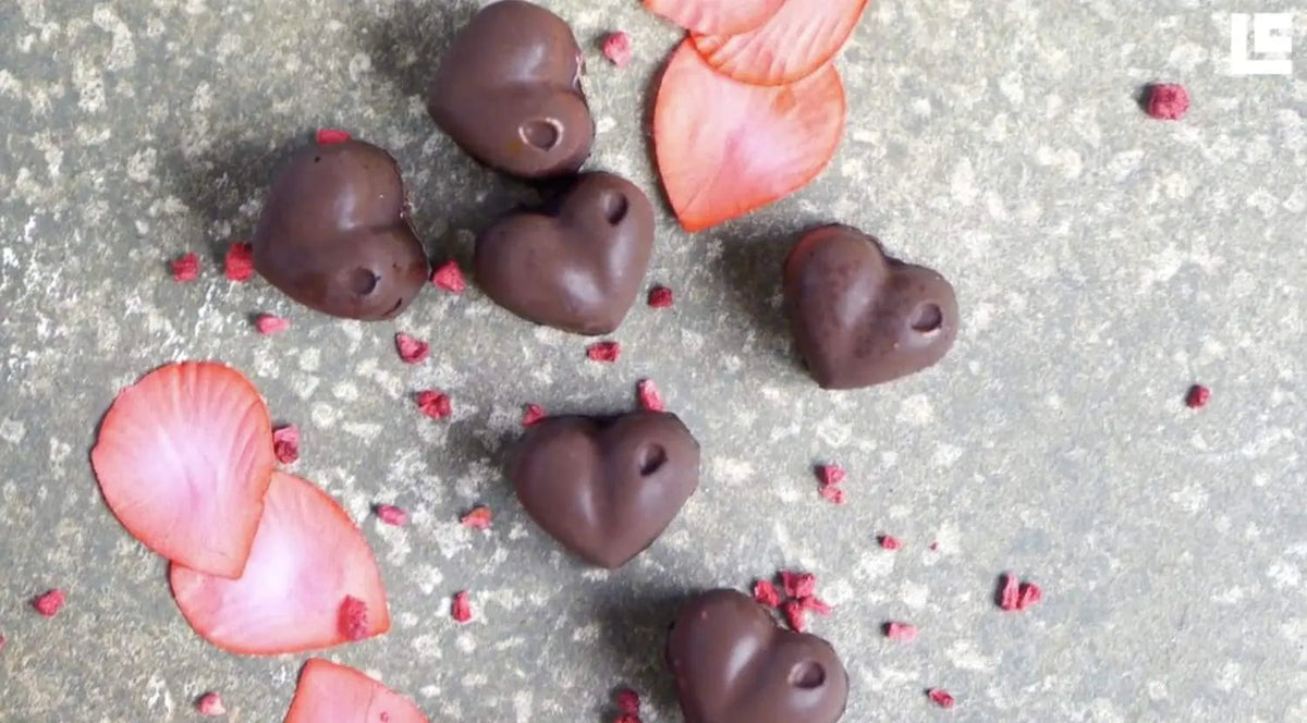 Heart-shaped raspberry dark chocolate truffles