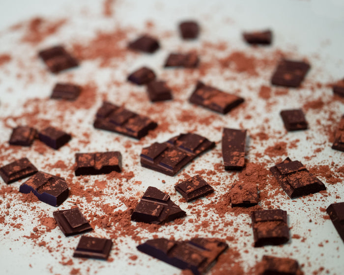Pieces of dark vegan chocolate with cacao beans