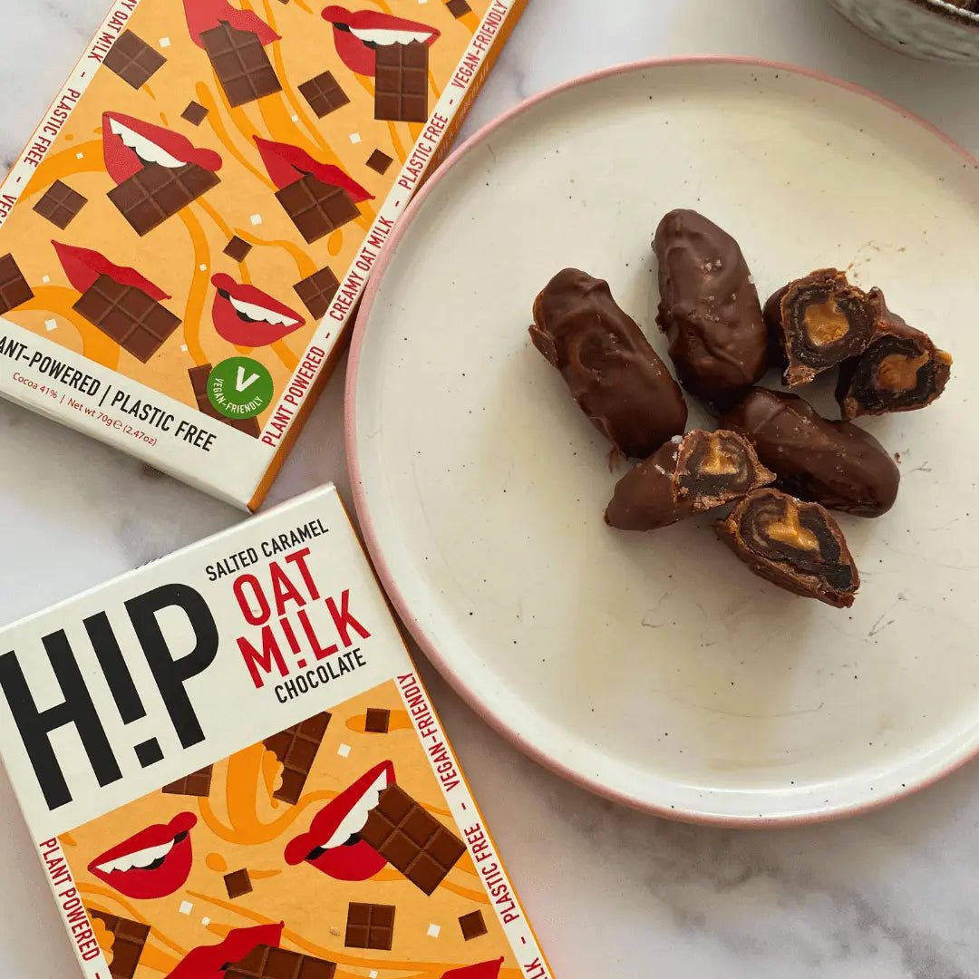 Chocolate-covered dates stuffed with peanut butter