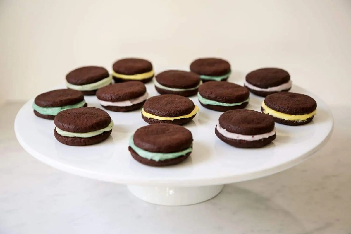 Homemade vegan chocolate sandwich cookies with cream filling