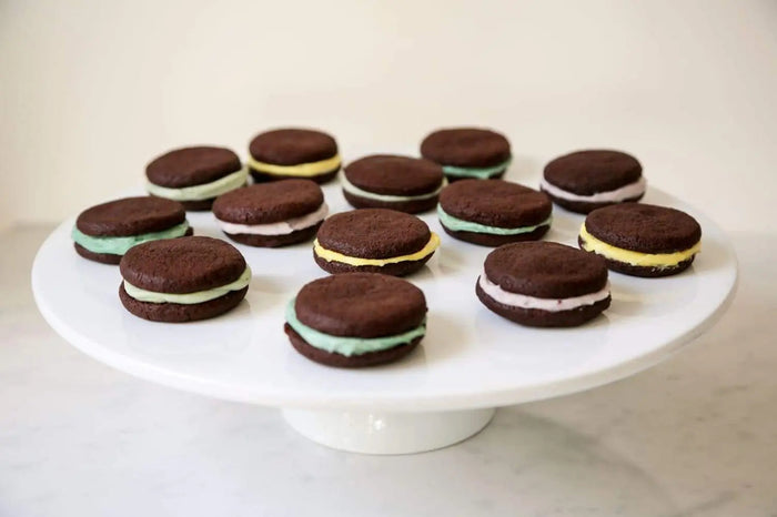 Homemade vegan chocolate sandwich cookies with cream filling