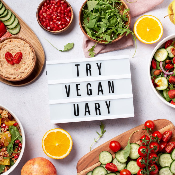 Colourful plant-based dishes on a table for Veganuary
