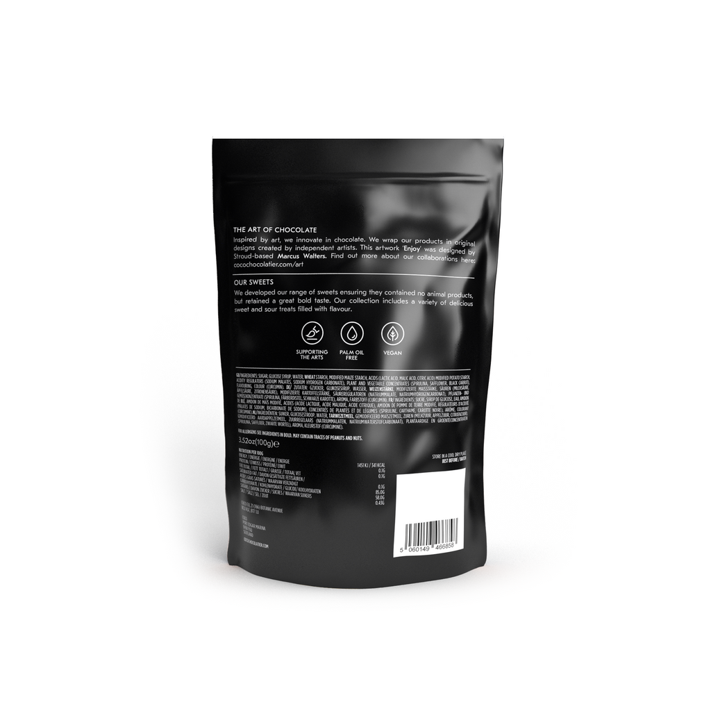 COCO Sour Apple Sweets 100g, back of pouch with ingredients