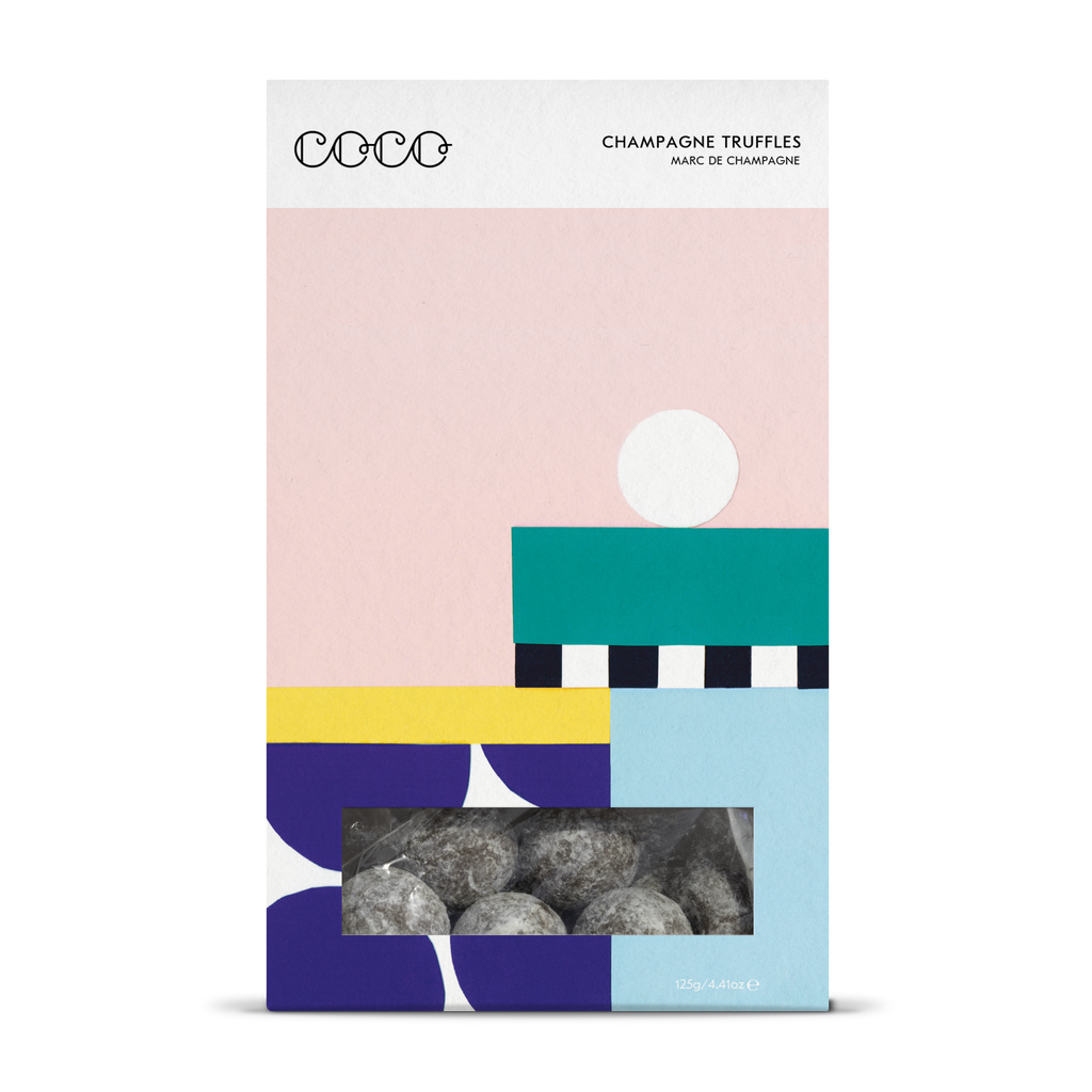 COCO Marc de Champagne Truffles, front of truffle box with window