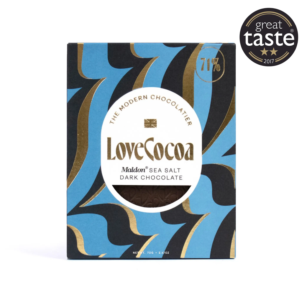 Love Cocoa Maldon Sea Salt Dark Chocolate Bar, front of pack with Great Taste award badge