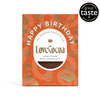 Love Cocoa Happy Birthday Honeycomb Milk Chocolate Bar, front of Happy Birthday pack with Great Taste award badge