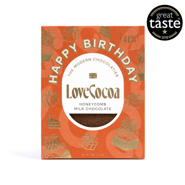 Love Cocoa Happy Birthday Honeycomb Milk Chocolate Bar, front of Happy Birthday pack with Great Taste award badge