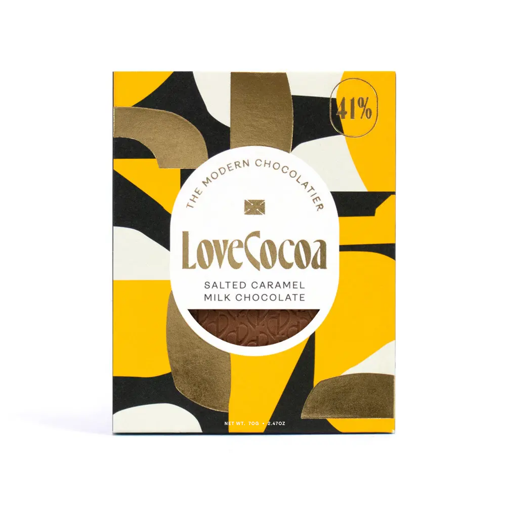 Love Cocoa Salted Caramel 41% Milk Chocolate Bar, front of pack
