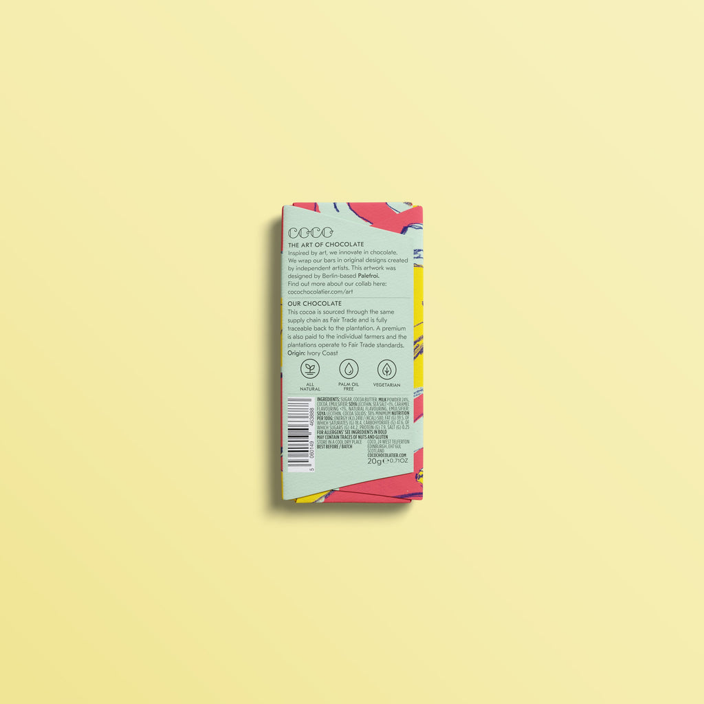 COCO Salted Caramel mini bar, back of pack on a pale yellow background